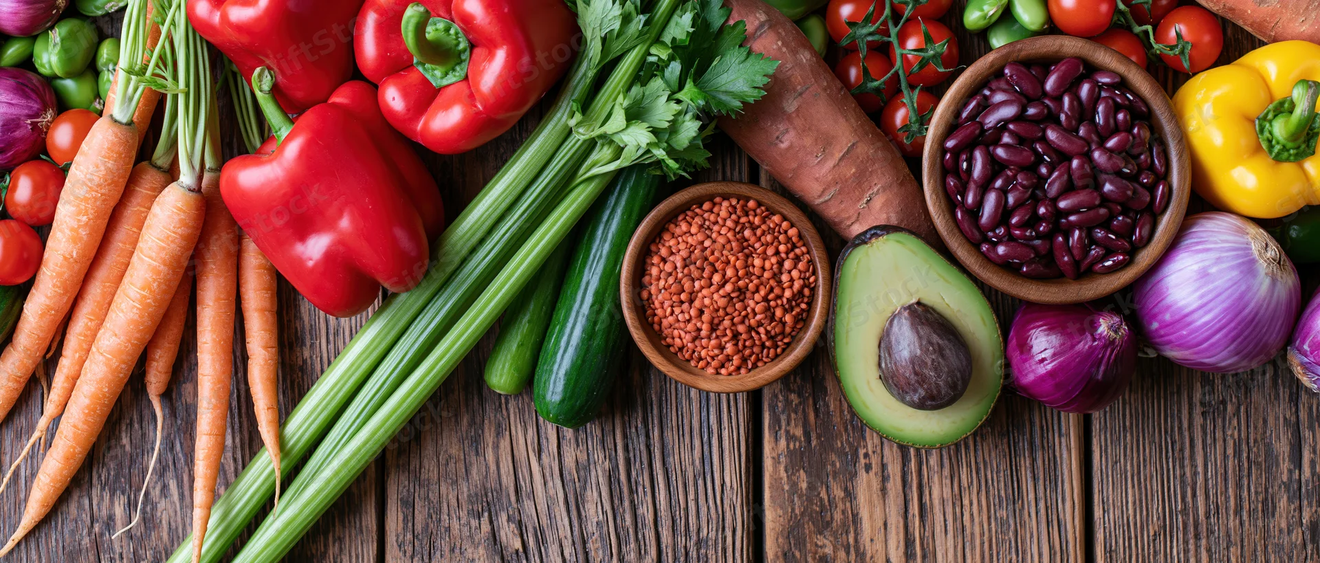 Fresh vegetables and legumes arranged on a rustic wooden surface