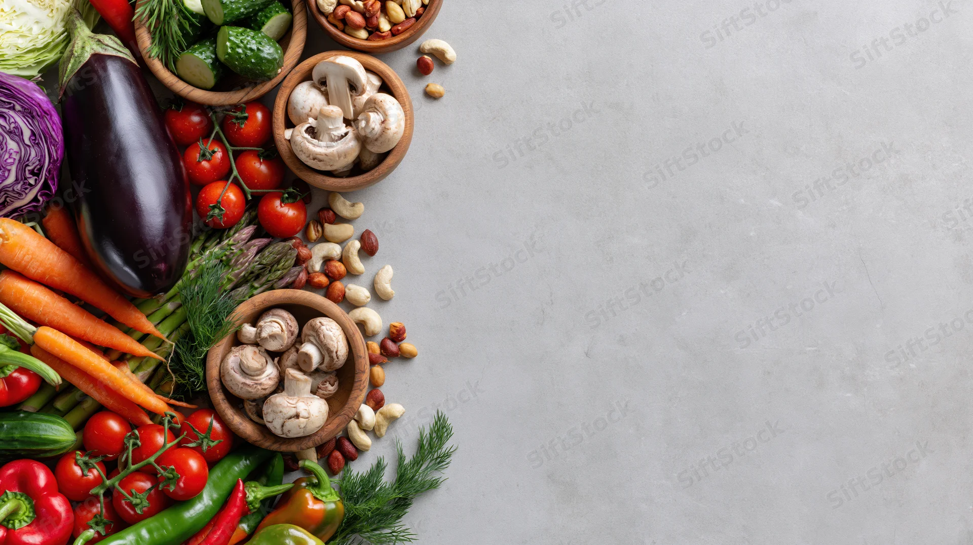 Fresh vegetables and nuts arranged along the left edge on a gray surface with copyspace