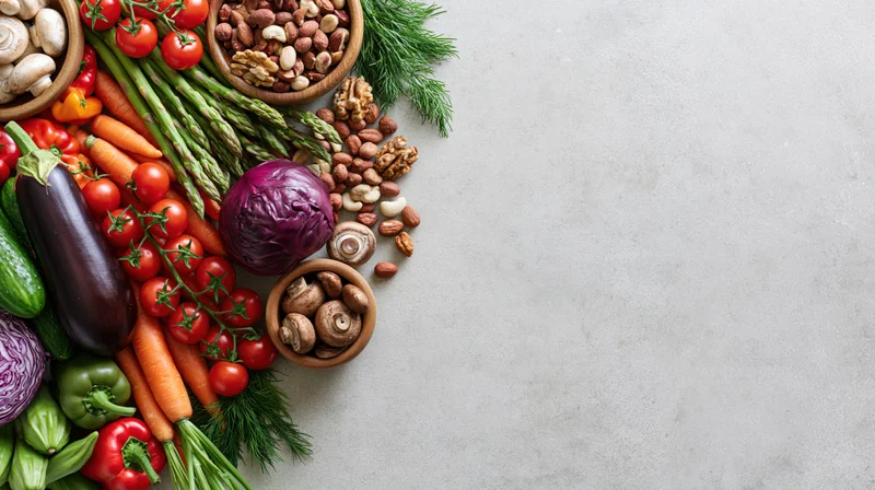 Fresh vegetables and nuts arranged along the left edge of a gray surface
