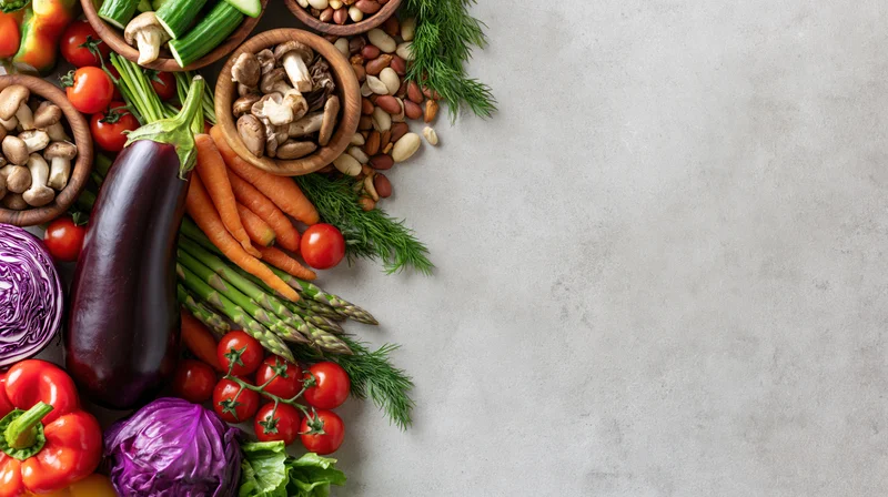 Assorted fresh vegetables and nuts arranged along the left edge