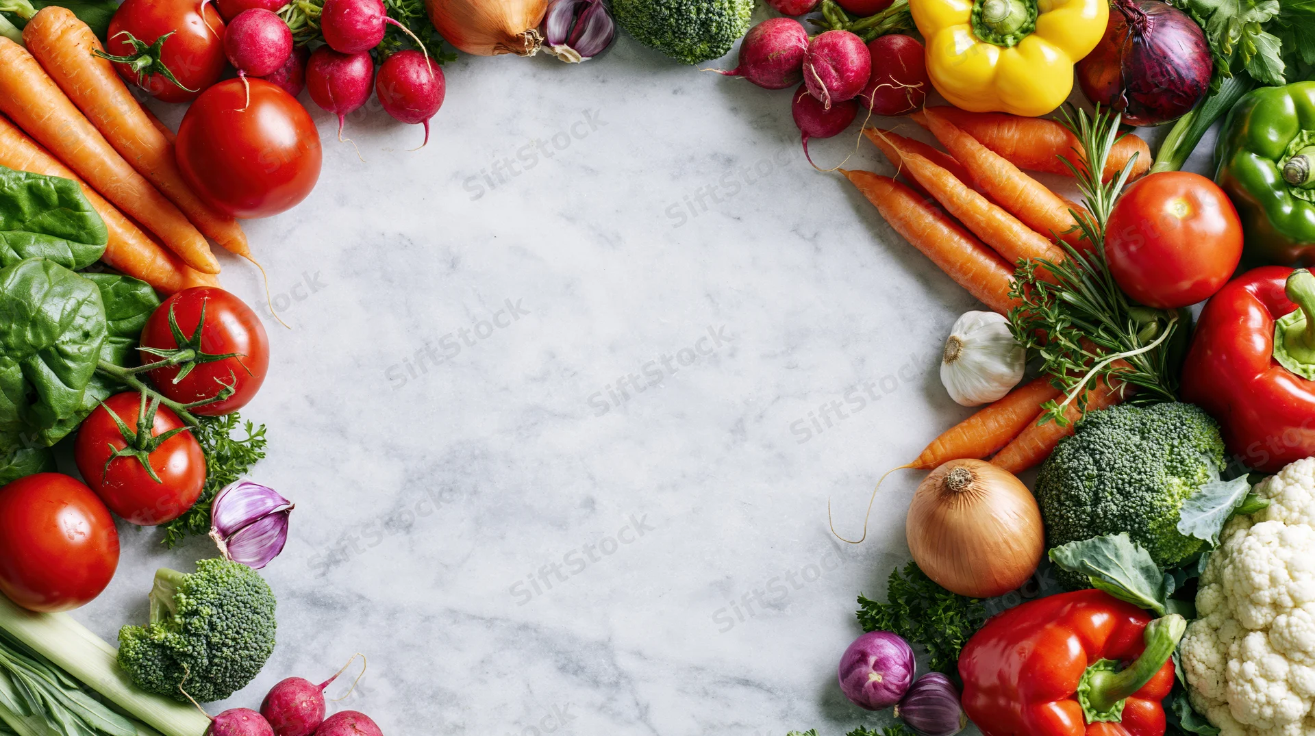 Fresh vegetables arranged in a border frame on a marble countertop