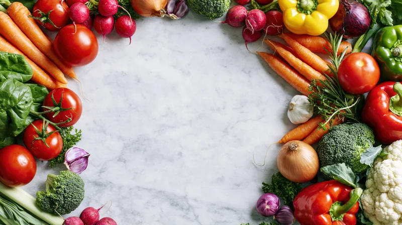 Fresh vegetables arranged in a border frame on a marble countertop