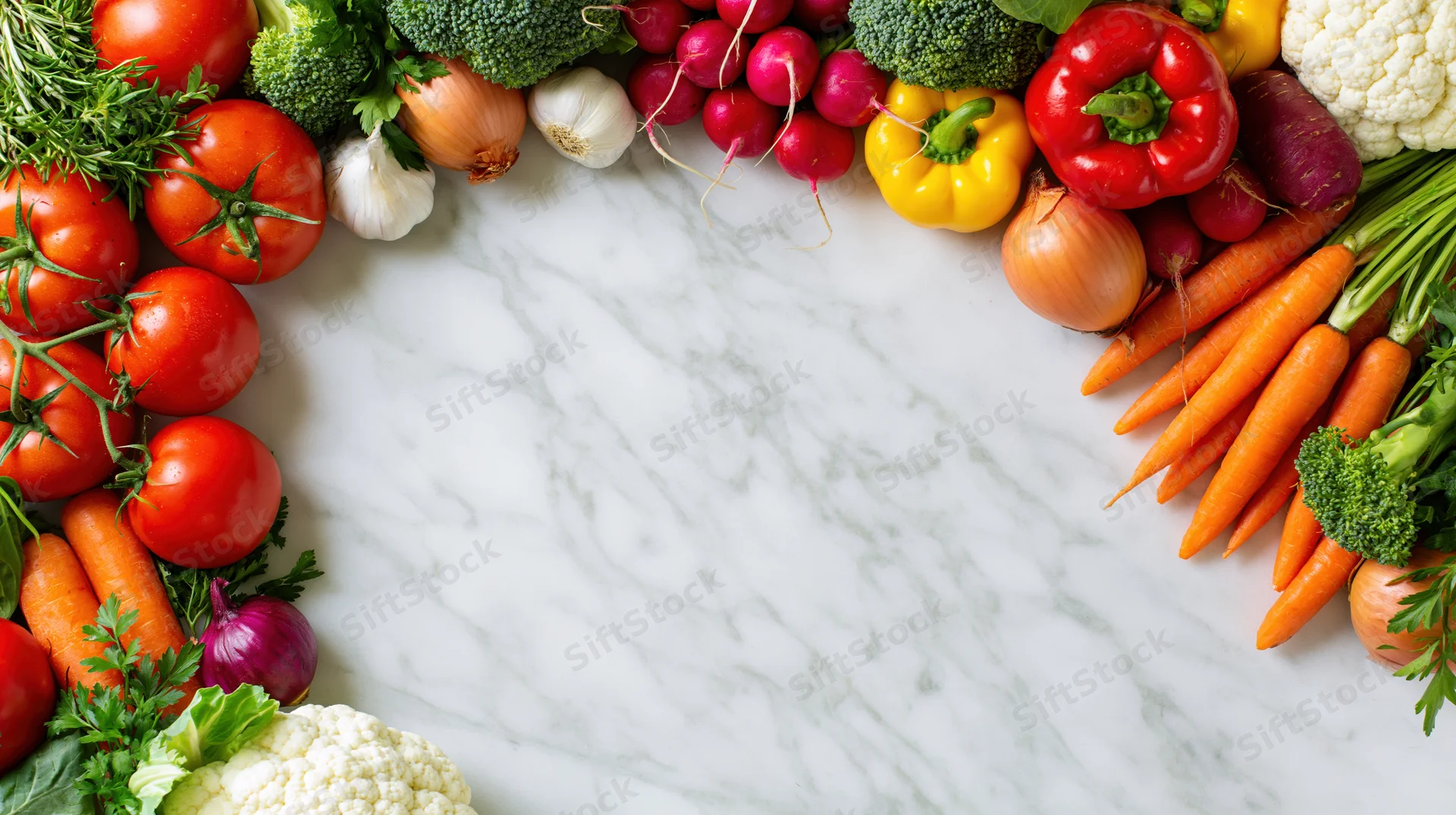 Fresh vegetables arranged in a border frame on a marble countertop