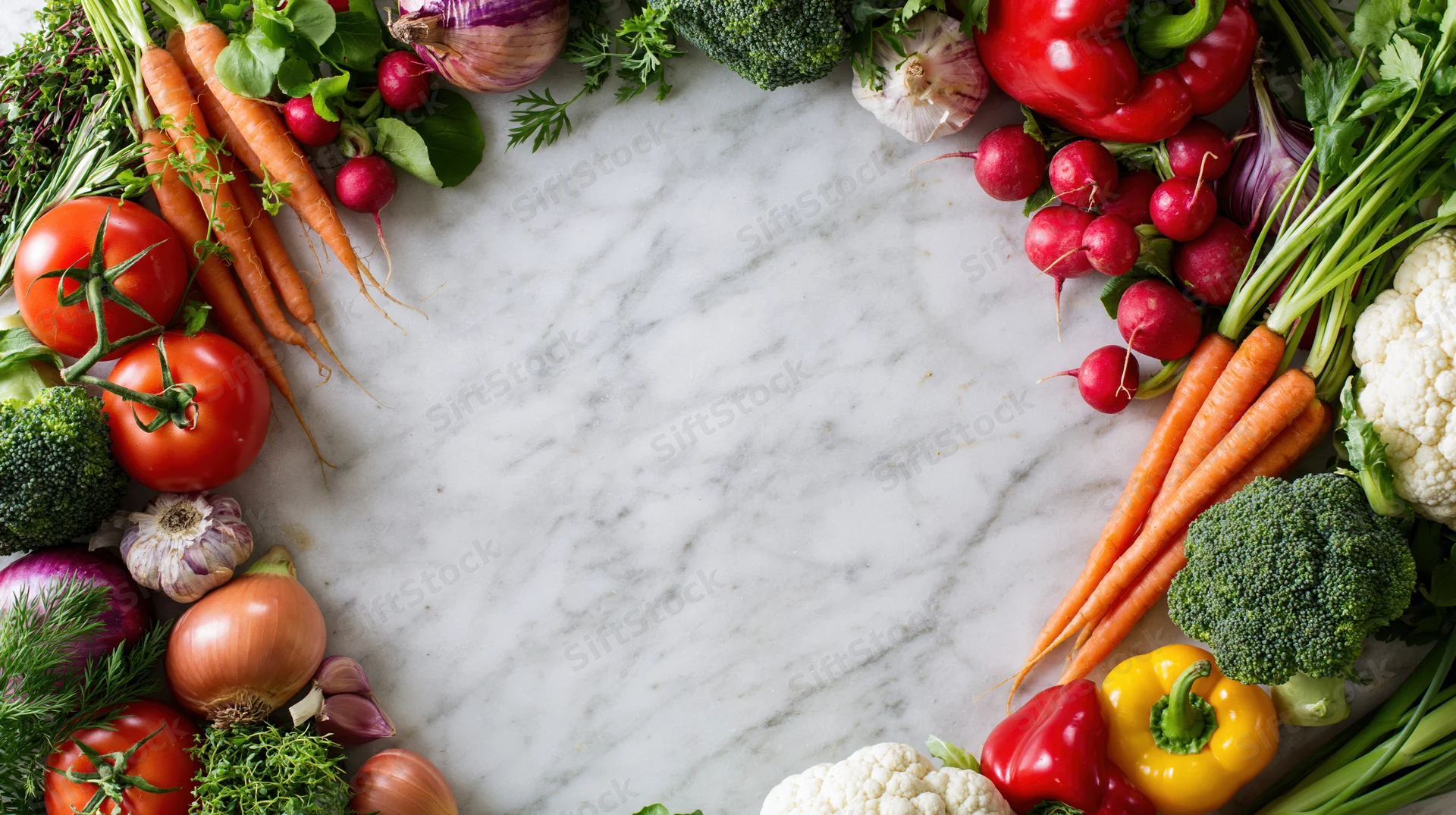 Fresh vegetables arranged in a border frame on a marble countertop