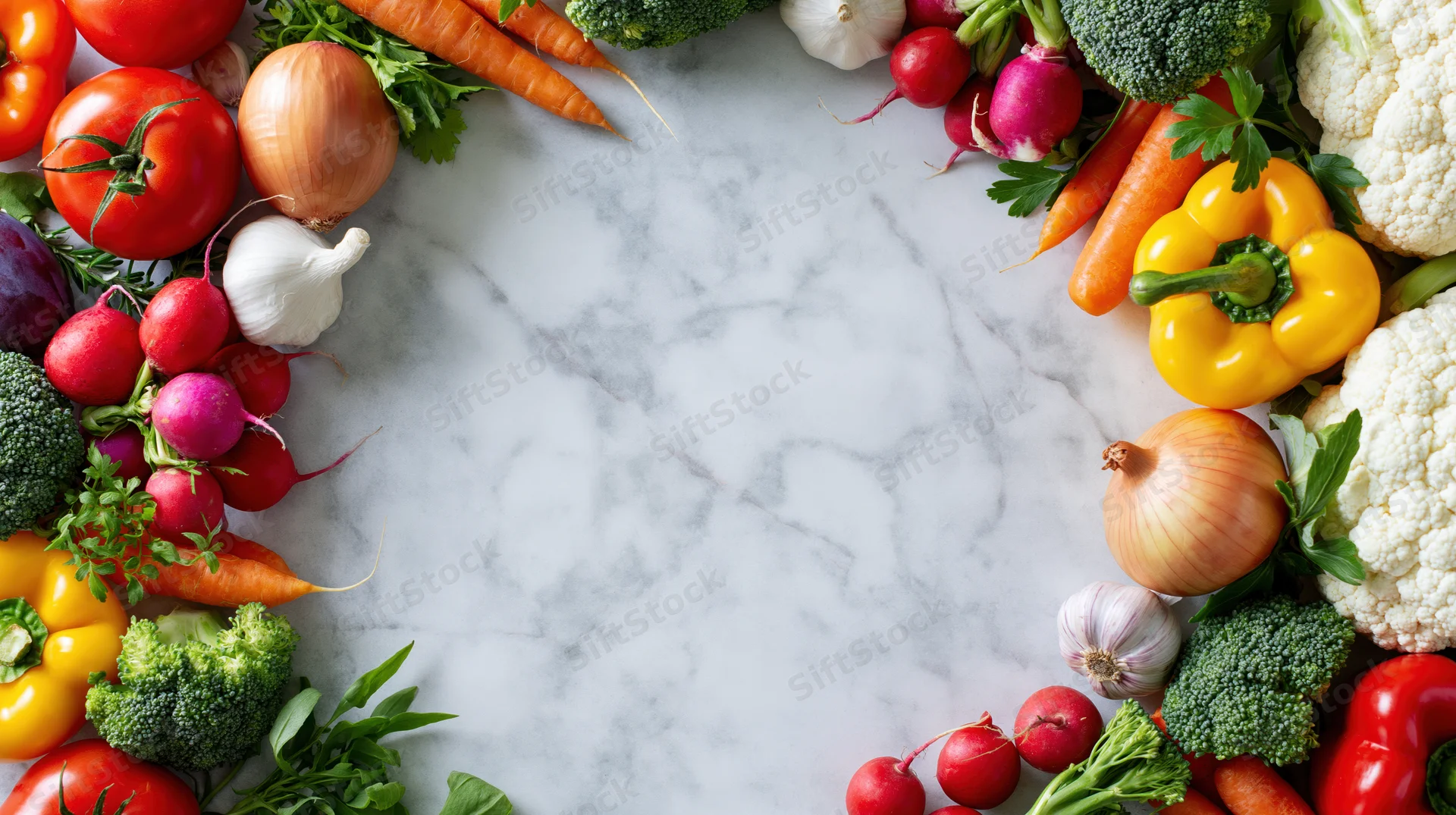 Fresh vegetables arranged in a border frame on a marble countertop