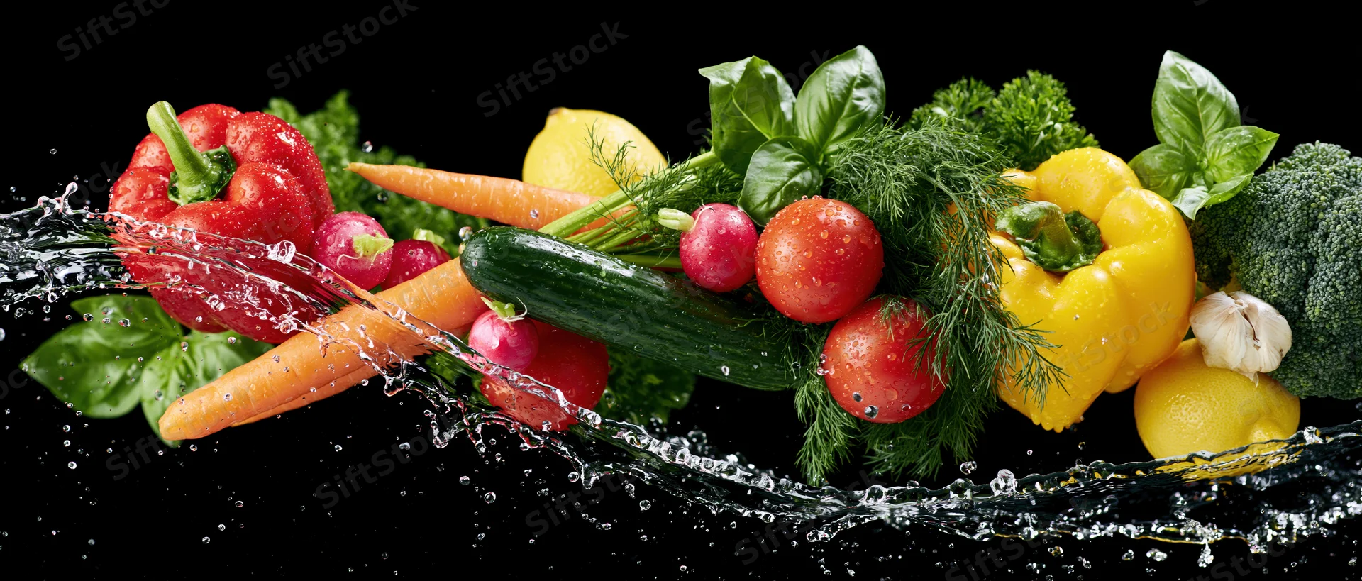 Fresh vegetables with water splash on black background