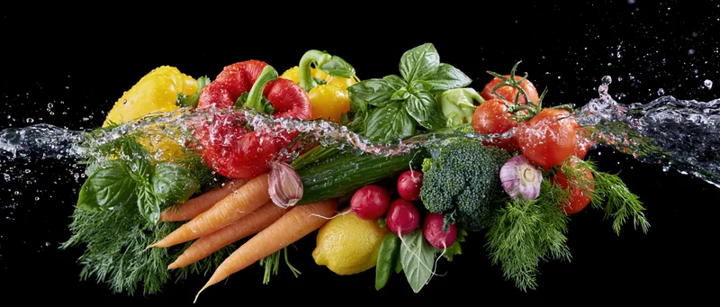 Fresh vegetables arranged in a row with water splashing over them on a black background