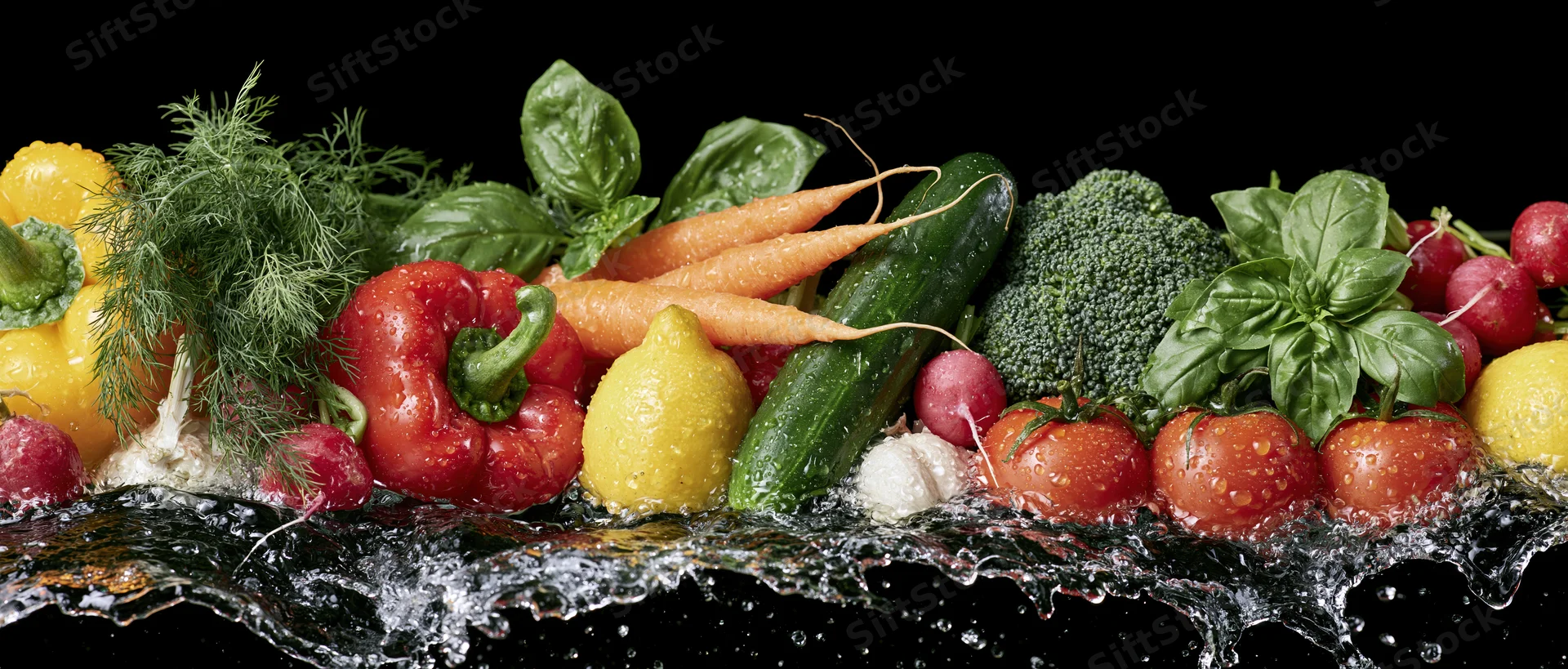 Fresh vegetables arranged in a row with water splashing around them on black background