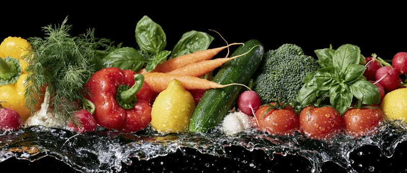 Fresh vegetables arranged in a row with water splashing around them on black background