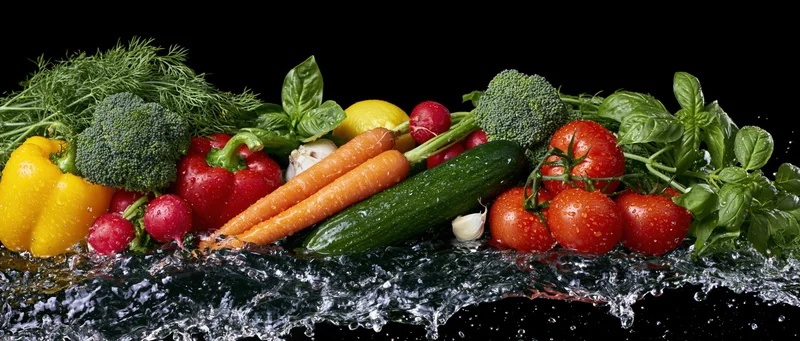 Fresh vegetables arranged in a row with water splashing around them on a black background
