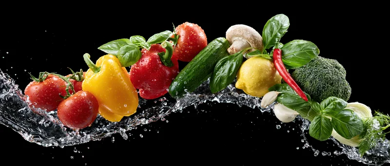 Fresh vegetables arranged in a row with water splash on black background