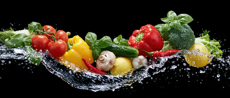 Fresh vegetables splashing in water against black background