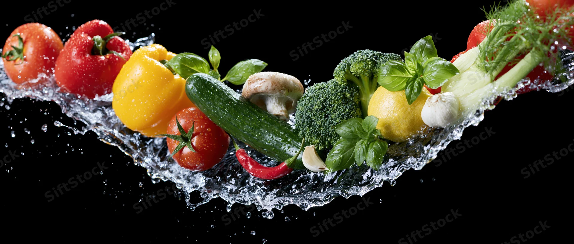 Fresh vegetables arranged in a curved line with water splashing around them on black background