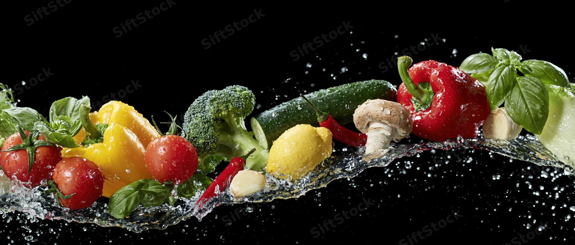 Fresh vegetables arranged in a row with water splashing around them on black background