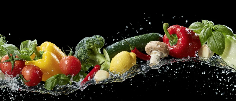 Fresh vegetables arranged in a row with water splashing around them on black background