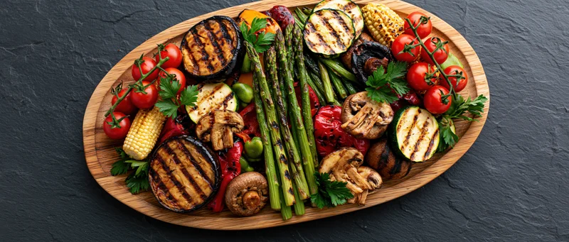 Assorted grilled vegetables arranged on an oval wooden serving platter on dark slate surface