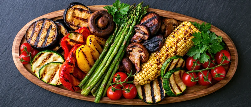 Assorted grilled vegetables arranged on an oval wooden serving platter