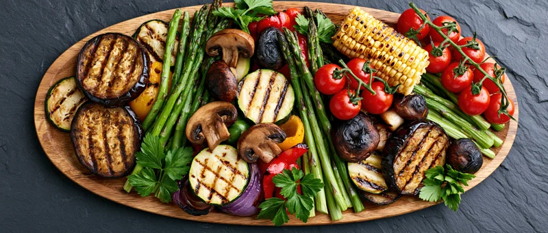 Grilled vegetables arranged on an oval wooden serving platter on a dark slate surface