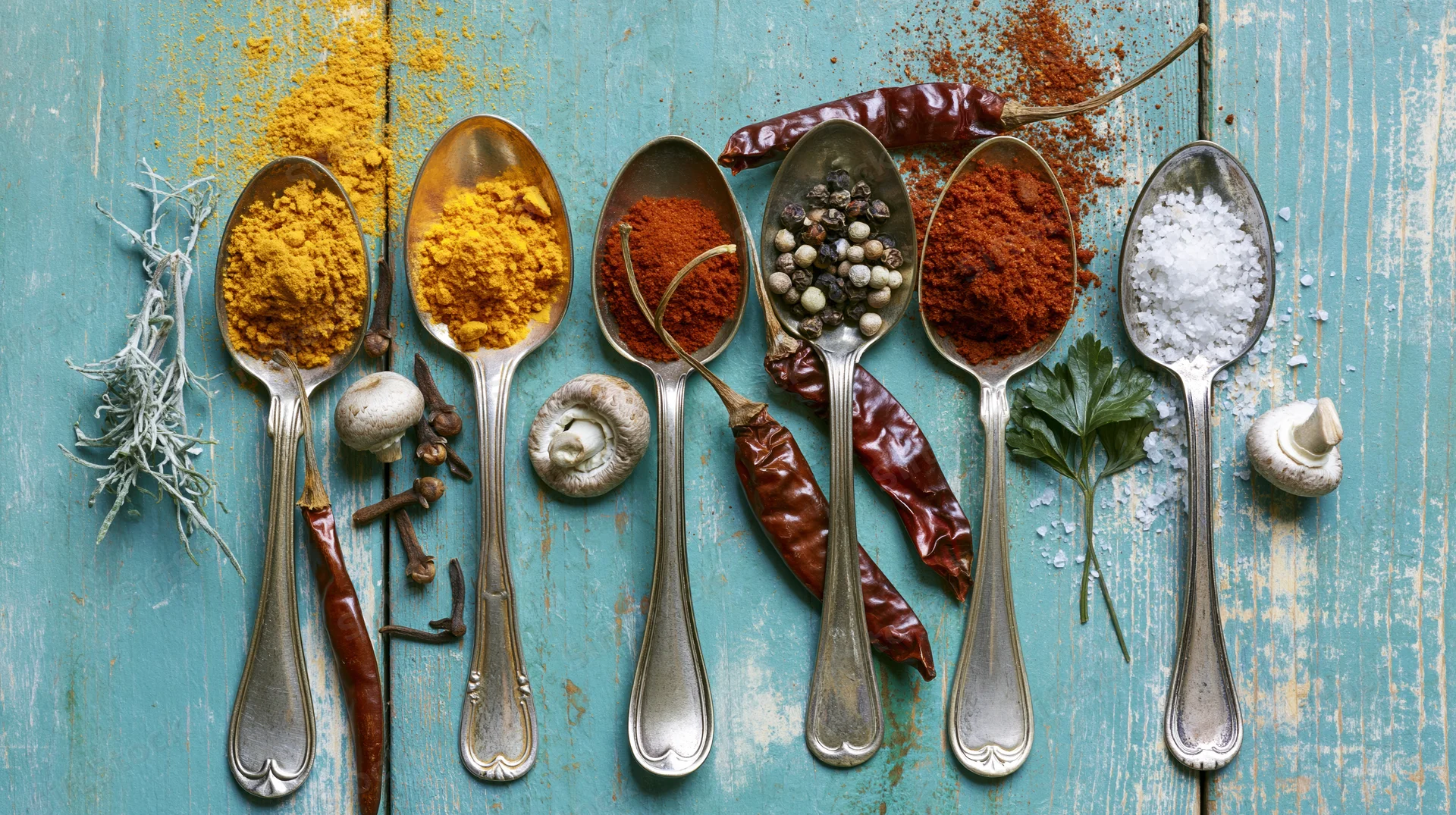 Assorted spices in silver spoons arranged on a blue wooden surface with herbs and dried peppers