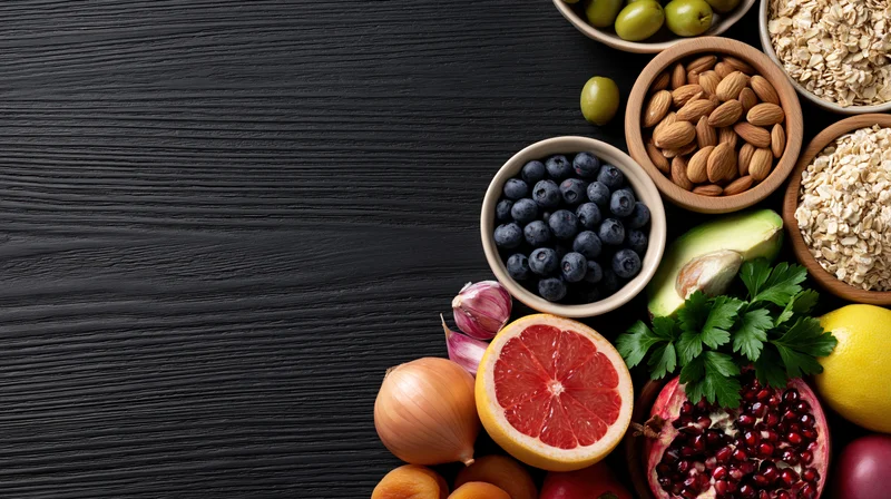 Healthy foods arranged on dark wooden table with copyspace on left