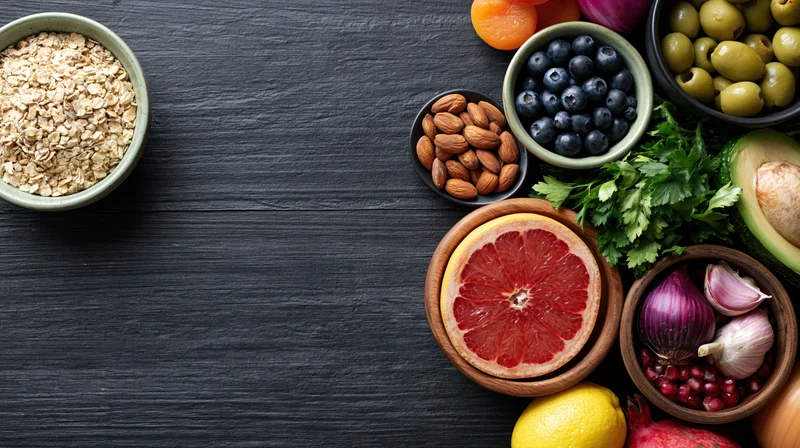 Assorted healthy foods arranged on dark table with copyspace on left