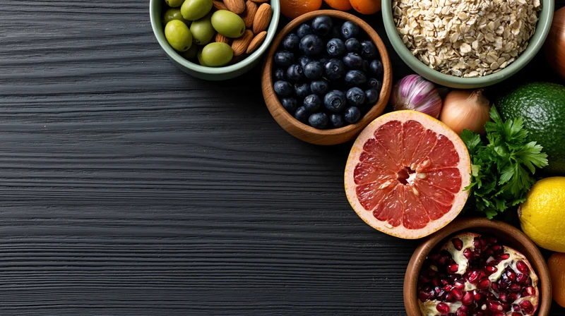 Assorted healthy foods arranged on dark wooden table with copyspace on left