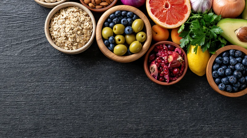 Assorted healthy foods arranged in wooden bowls on dark slate surface