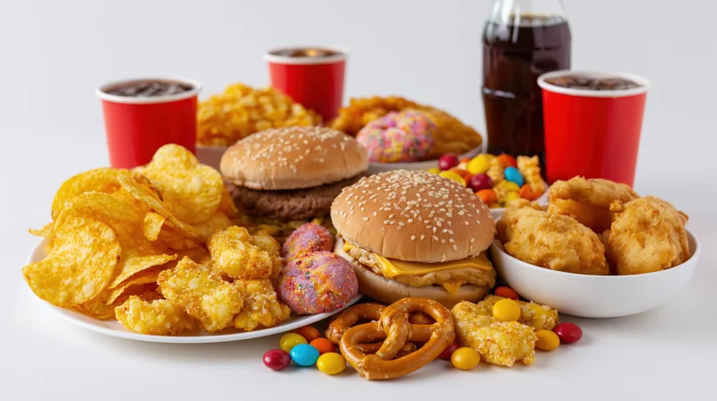 Assorted junk food spread including burgers, chips, soda, candy, and fried snacks arranged on white plates and bowls