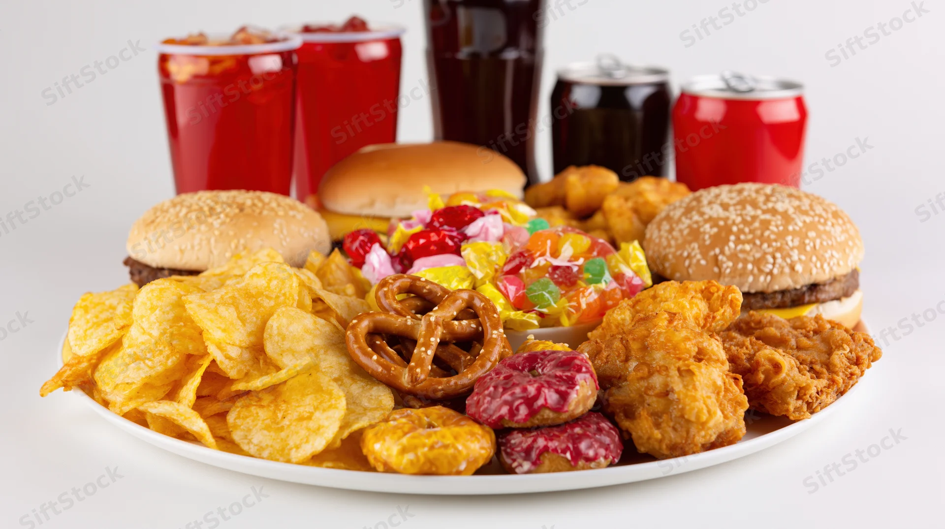Assorted junk food including burgers, chips, soda, candy and fried items arranged on a white plate