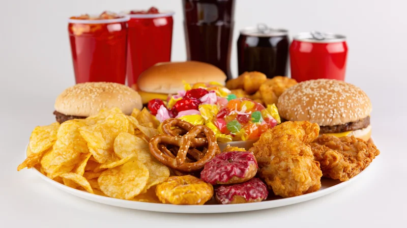 Assorted junk food including burgers, chips, soda, candy and fried items arranged on a white plate