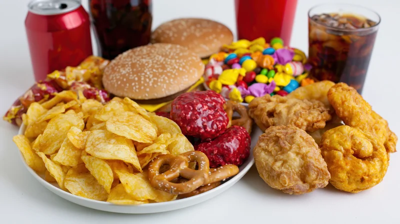Assorted junk food including chips, burgers, soda, candy, and fried chicken arranged on a white surface