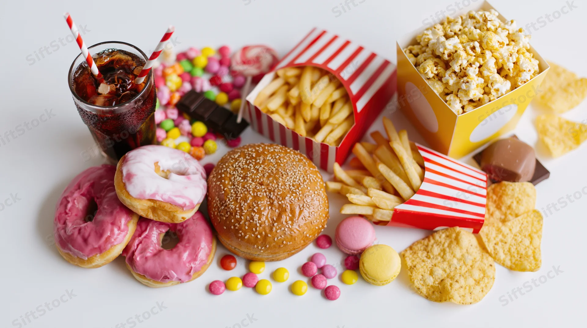 Assorted junk food items including donuts, burger, fries, soda, candy and chips arranged flat on white surface