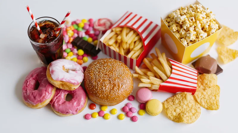 Assorted junk food items including donuts, burger, fries, soda, candy and chips arranged flat on white surface