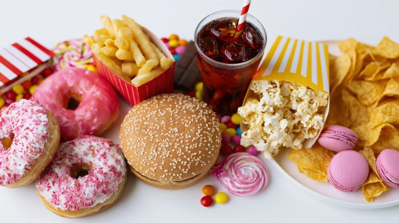 Assorted junk food items arranged flat on a white surface