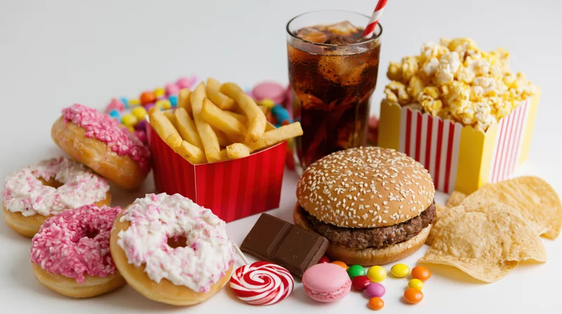 Assorted junk food items arranged on a white surface including burger, donuts, fries, soda, popcorn, candy, and chips