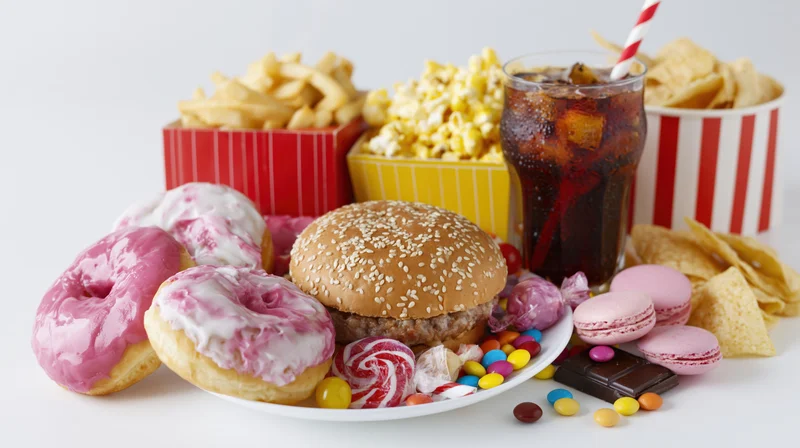 Assorted junk food including burger, donuts, soda, fries, chips, popcorn, candy and chocolate arranged on a white surface