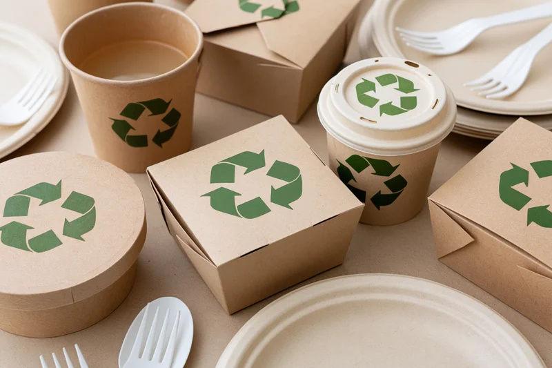 Recyclable kraft paper food packaging arranged on beige surface with utensils and containers
