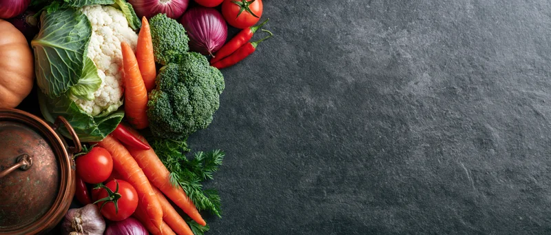 Assorted raw vegetables arranged along left edge of dark slate surface with copyspace on right