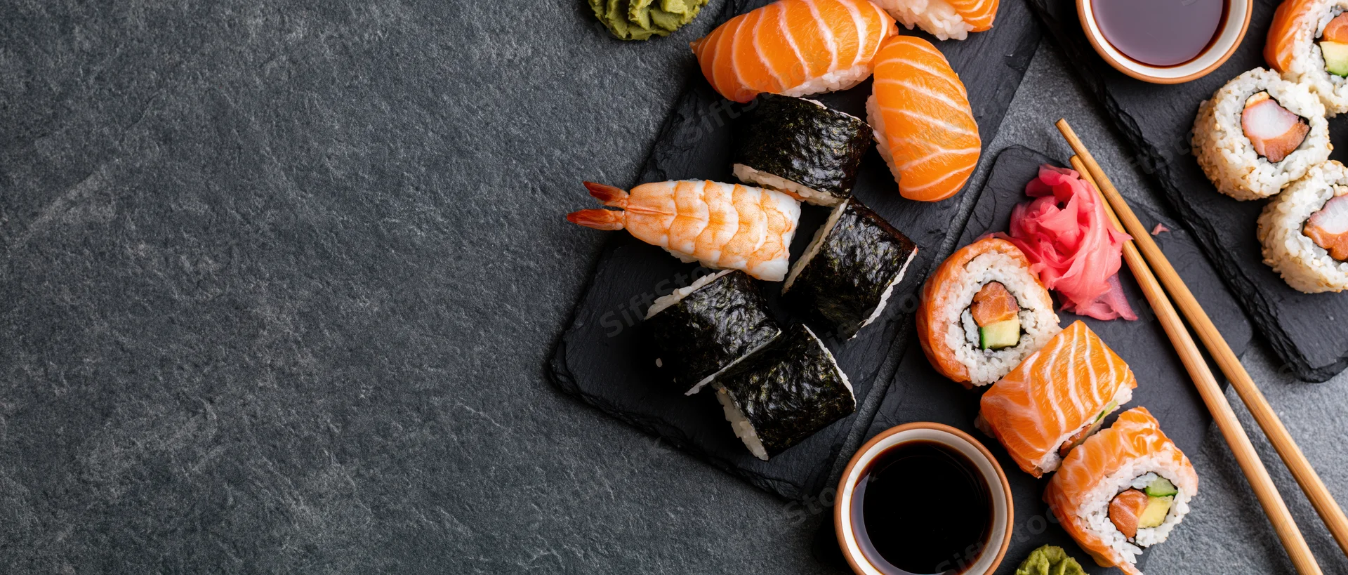 Assorted sushi pieces including salmon, tuna, shrimp, and avocado rolls arranged on black slate boards with soy sauce, wasabi, and ginger, viewed from above with copyspace on the left