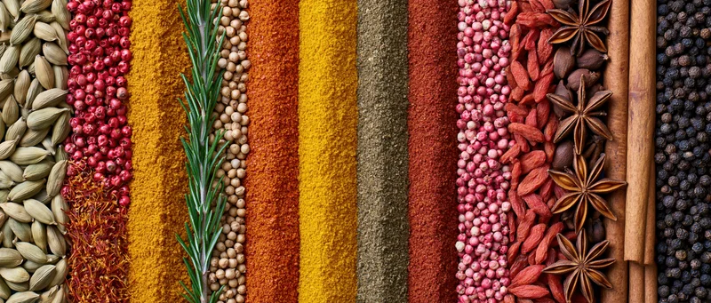 Vertical arrangement of whole and ground spices in colorful stripes across a flat surface