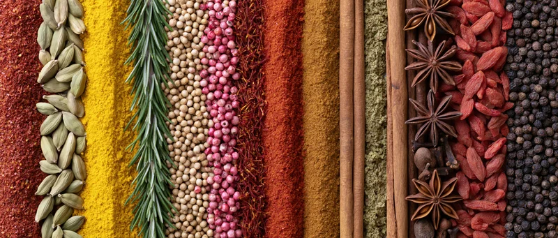 Vertical stripes of assorted whole and ground spices arranged in a row