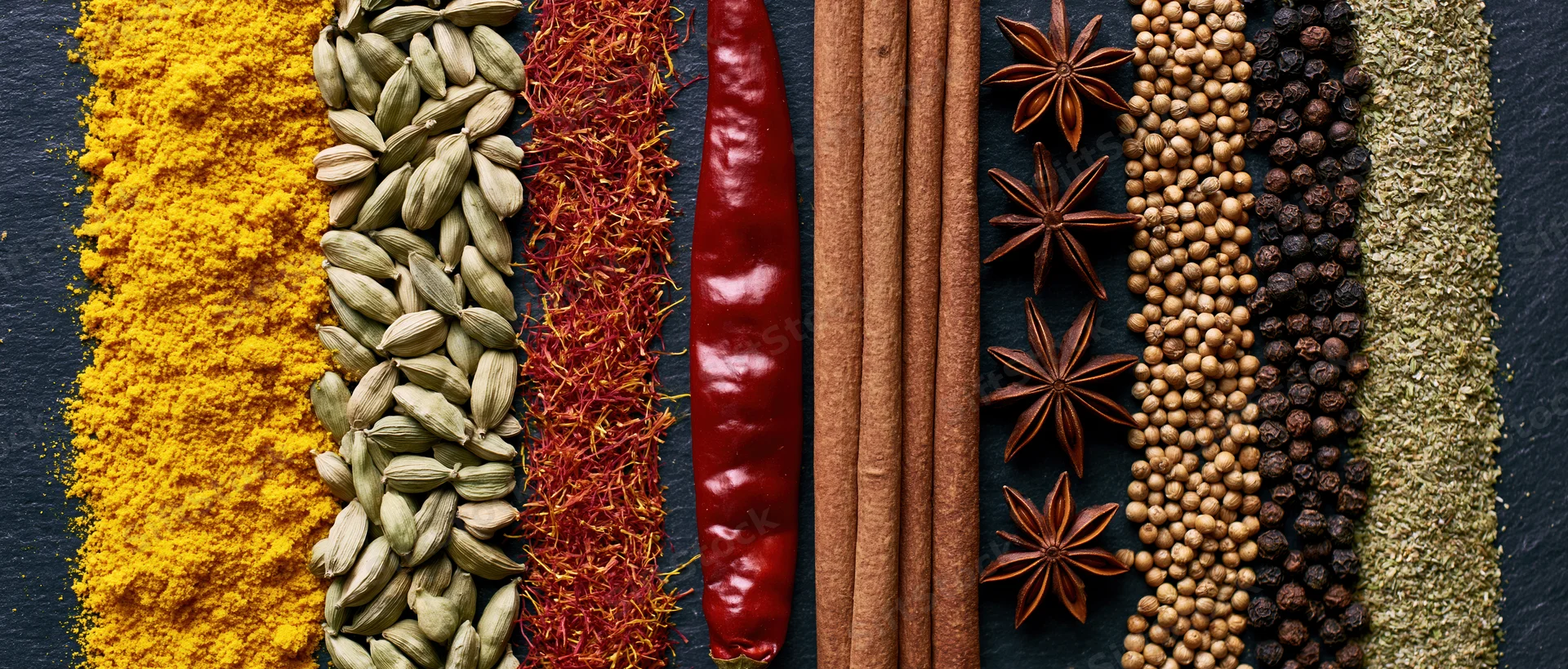 Vertical arrangement of assorted whole and ground spices on dark slate surface