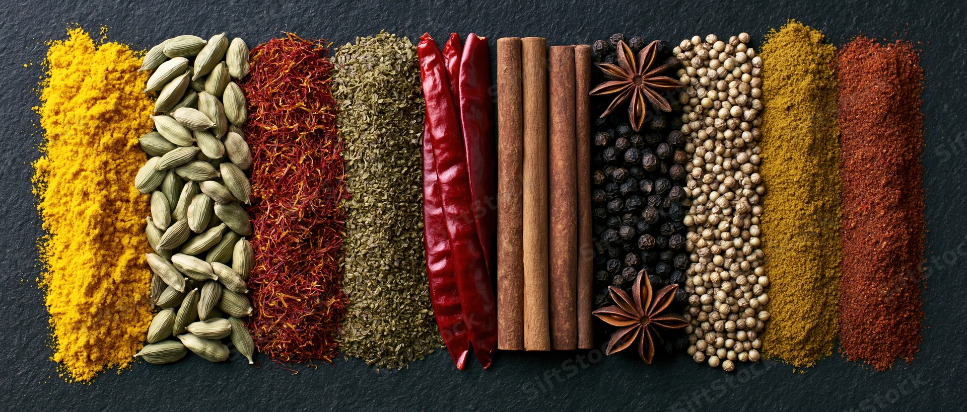 Various whole and ground spices arranged in vertical rows on dark surface