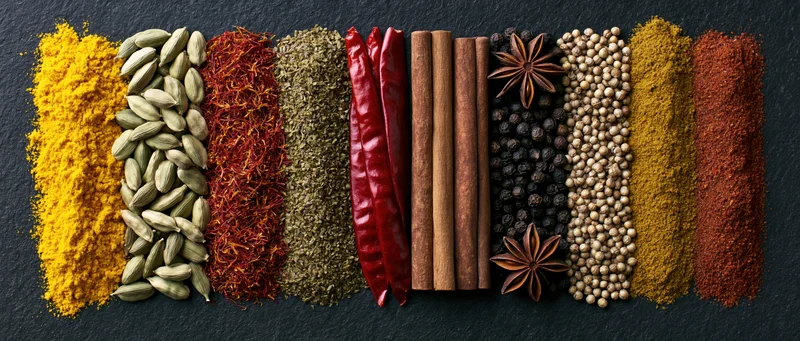 Various whole and ground spices arranged in vertical rows on dark surface