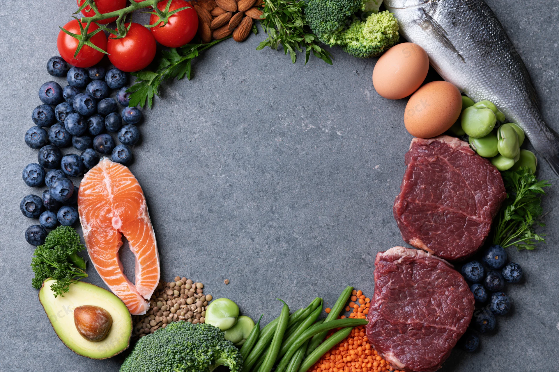Assorted whole foods arranged in a circular frame on a slate surface