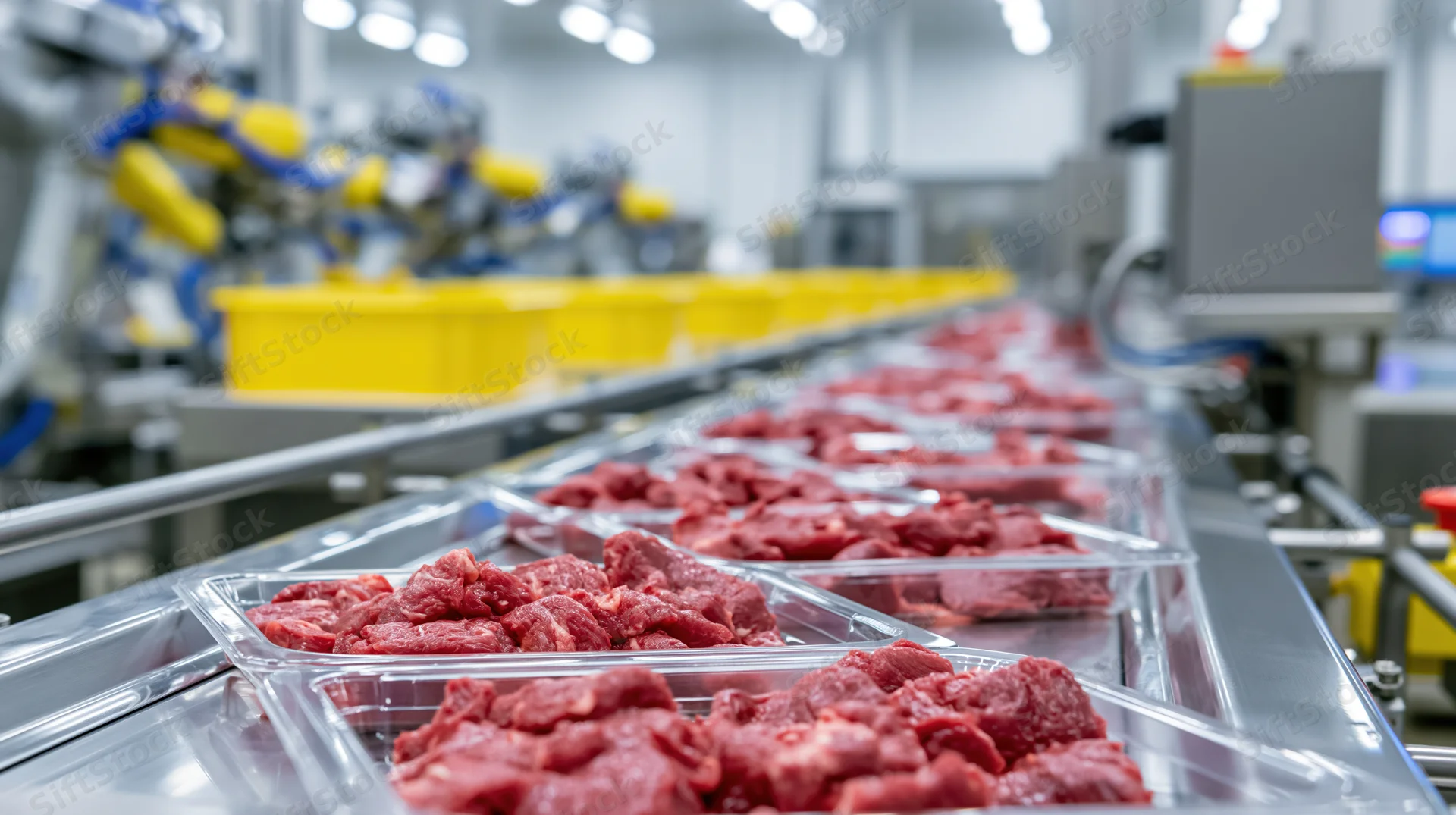 Raw beef in clear plastic trays moving along an automated conveyor belt in a meat processing factory