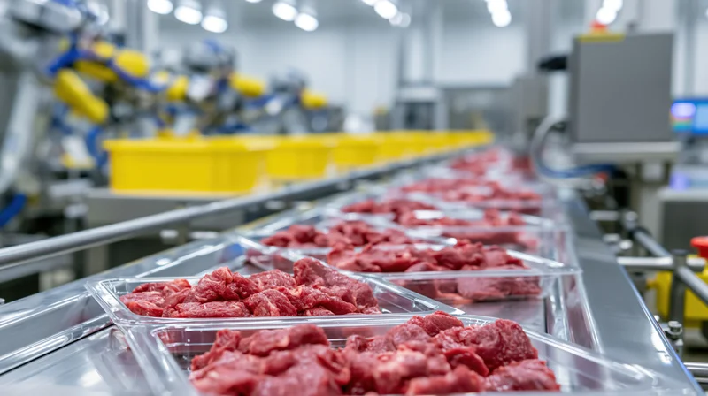 Raw beef in clear plastic trays moving along an automated conveyor belt in a meat processing factory