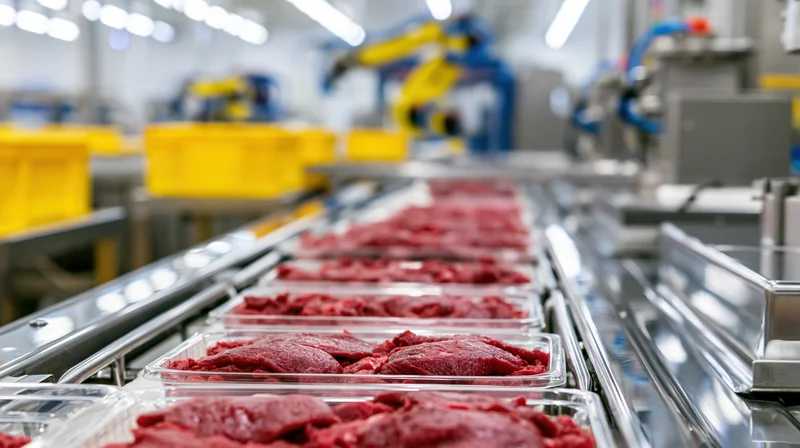 Ground beef in clear plastic trays moving along a conveyor belt in a meat processing factory