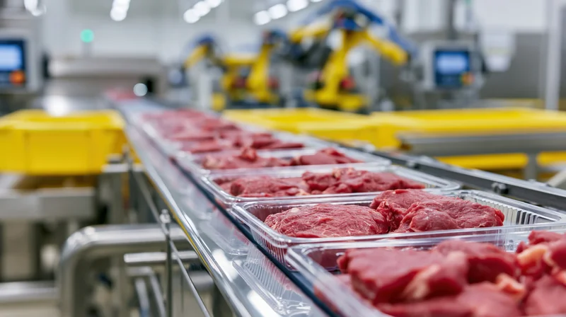 Raw beef portions in clear plastic trays moving along a conveyor belt in an automated meat processing factory