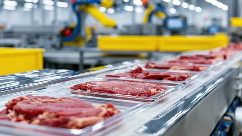 Vacuum-sealed meat trays moving along an automated conveyor belt in a food processing factory